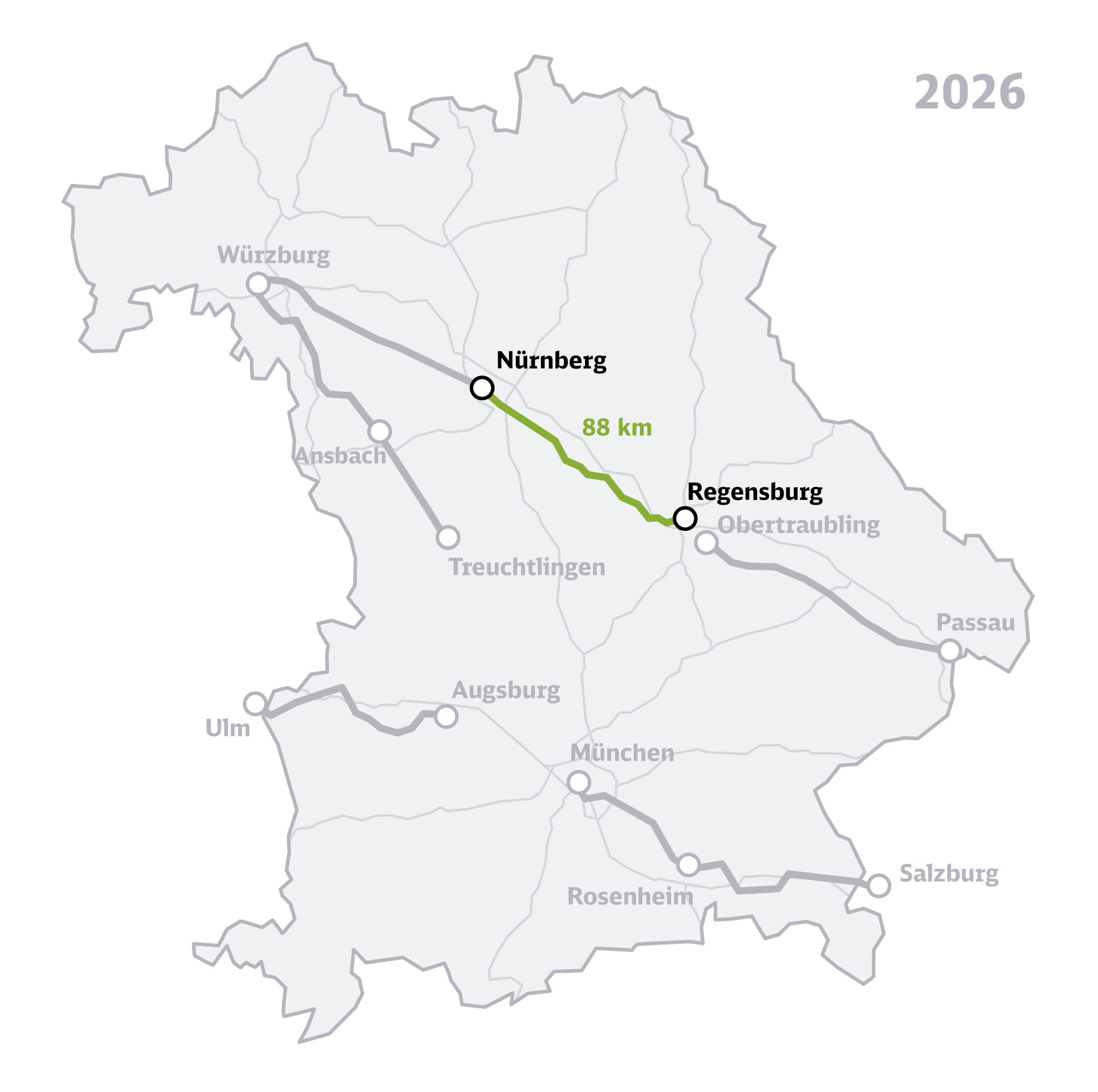 Die Übersichtskarte zeigt das Bundesland Bayern mit den sieben eingezeichneten Korridoren der Generalsanierung Bayern, hervorgehoben ist die Strecke Nürnberg–Regensburg.