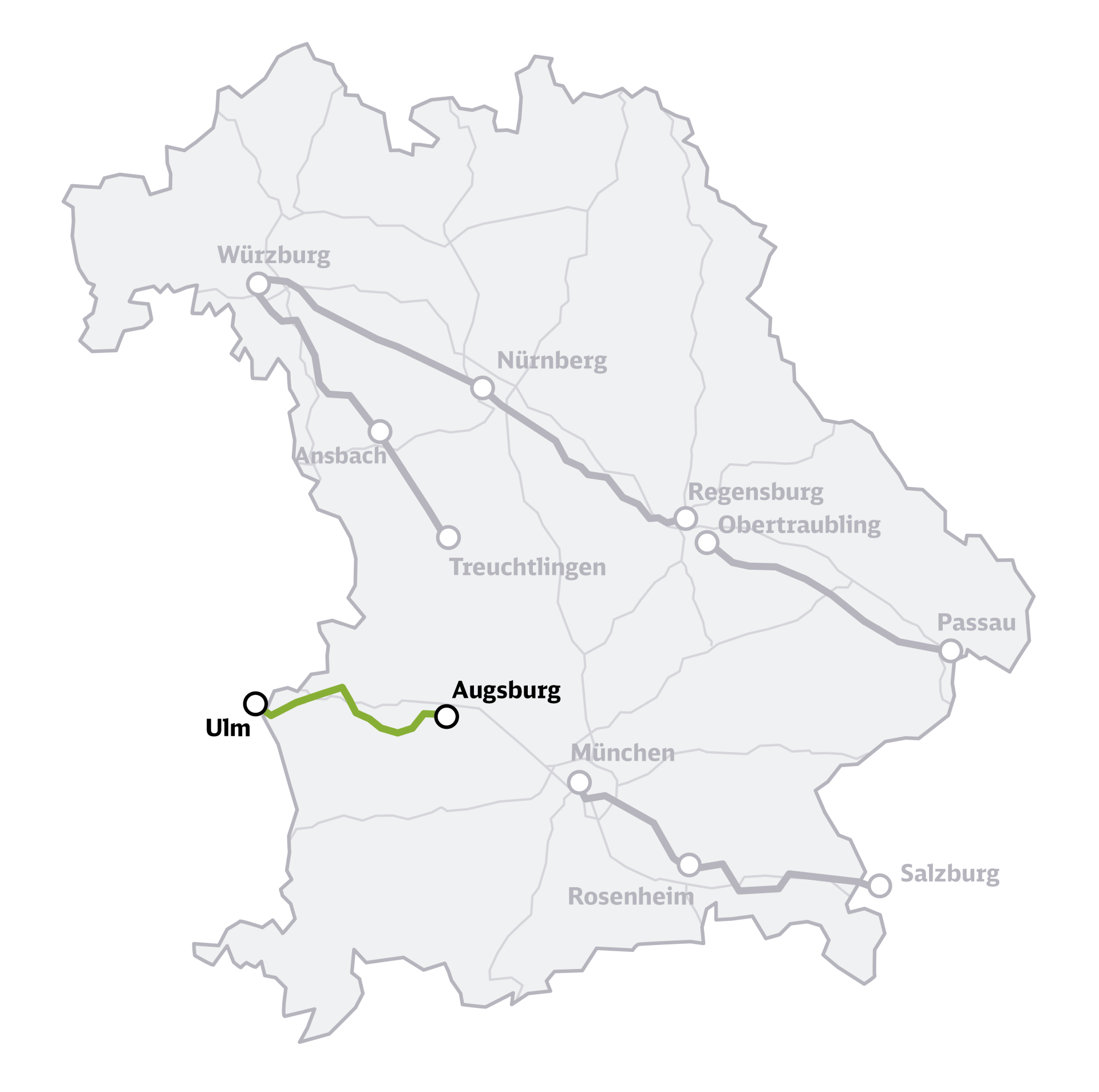 Die Übersichtskarte zeigt das Bundesland Bayern mit den sieben eingezeichneten Korridoren der Generalsanierung Bayern, hervorgehoben ist die Strecke Ulm–Augsburg.
