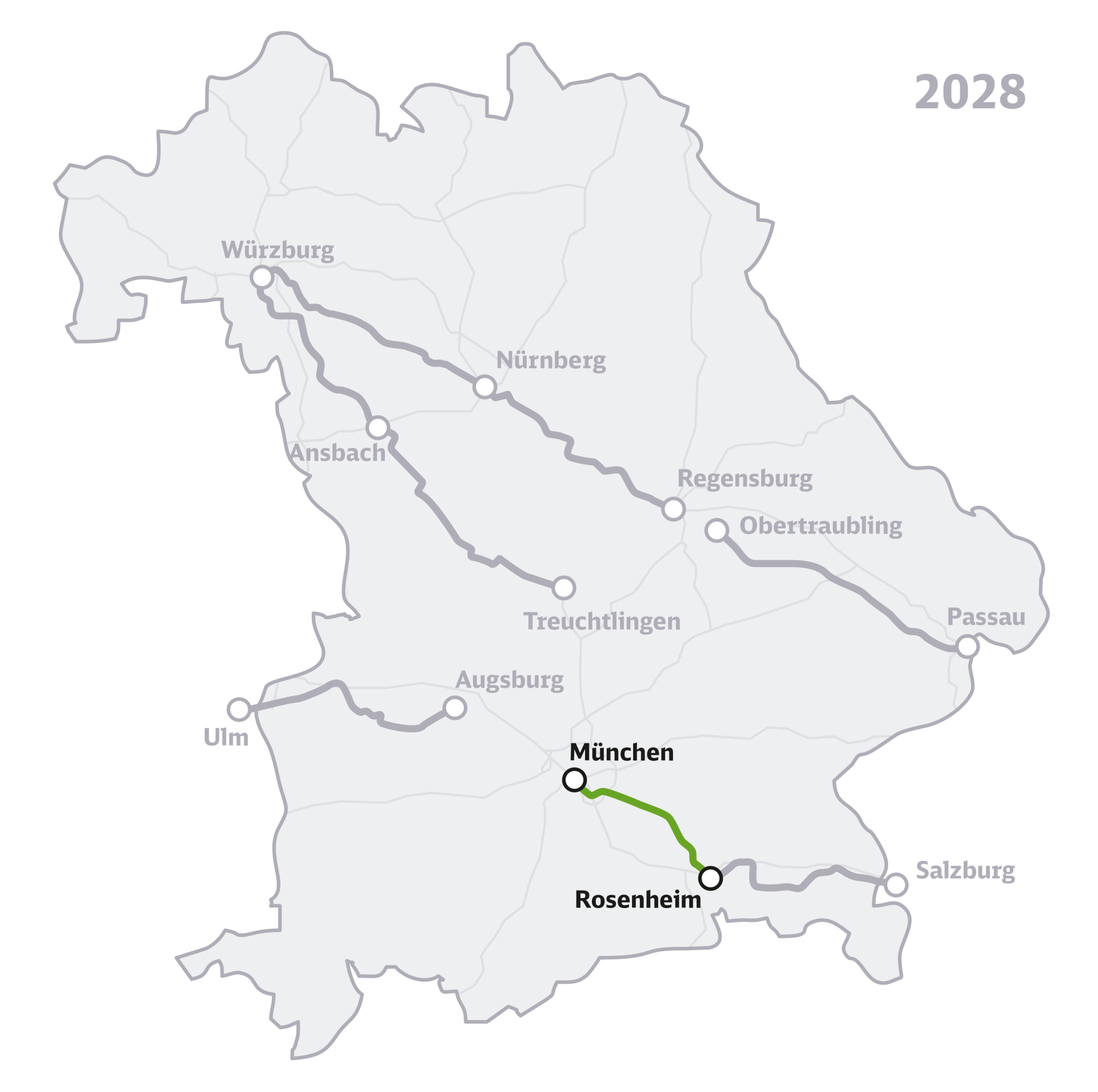 Die Übersichtskarte zeigt das Bundesland Bayern mit den sieben eingezeichneten Korridoren der Generalsanierung Bayern, hervorgehoben ist die Strecke München–Rosenheim.
