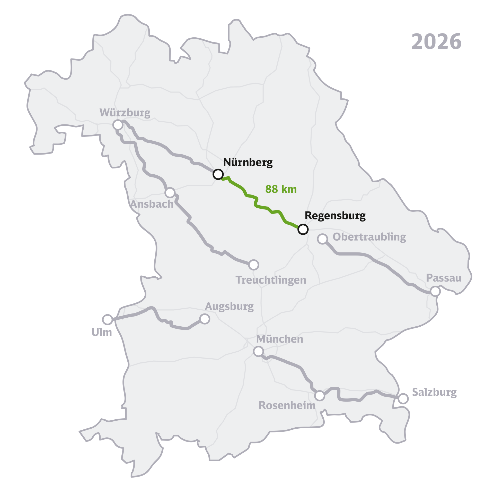 Die Übersichtskarte zeigt das Bundesland Bayern mit den sieben eingezeichneten Korridoren der Generalsanierung Bayern, hervorgehoben ist die Strecke Nürnberg–Regensburg.