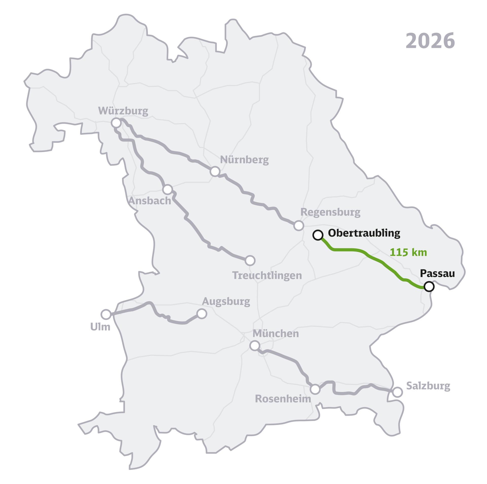 Die Übersichtskarte zeigt das Bundesland Bayern mit den sieben eingezeichneten Korridoren der Generalsanierung Bayern, hervorgehoben ist die Strecke Obertraubling–Passau.