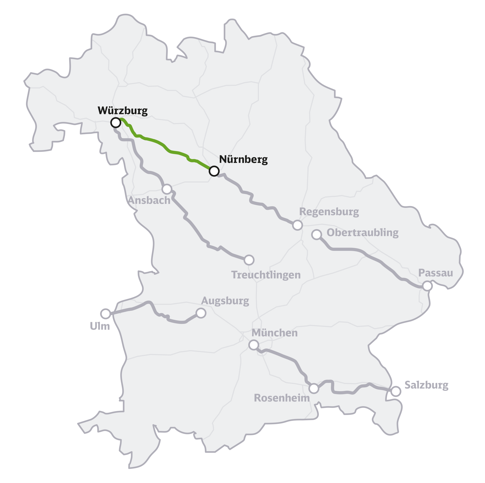 Die Übersichtskarte zeigt das Bundesland Bayern mit den sieben eingezeichneten Korridoren der Generalsanierung Bayern, hervorgehoben ist die Strecke Würzburg–Nürnberg.
