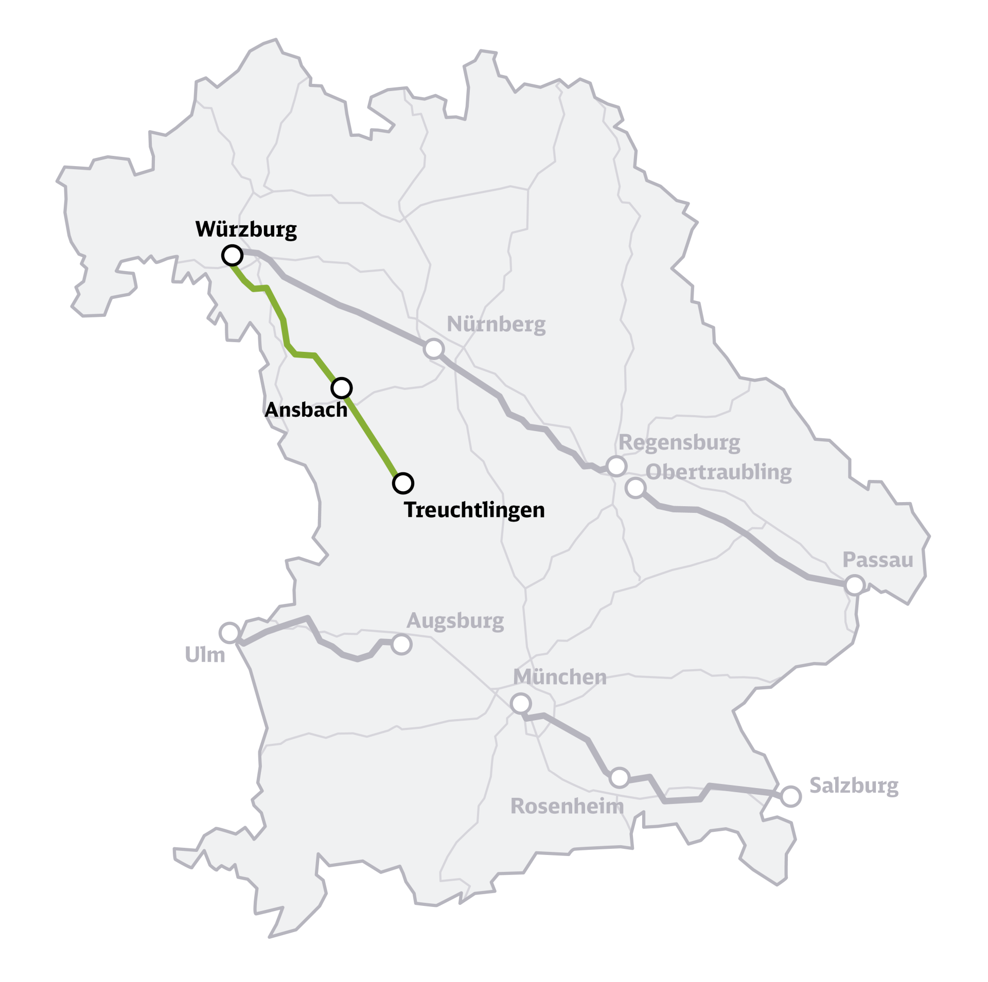 Die Übersichtskarte zeigt das Bundesland Bayern mit den sieben eingezeichneten Korridoren der Generalsanierung Bayern, hervorgehoben ist die Strecke Würzburg–Ansbach–Treuchtlingen.