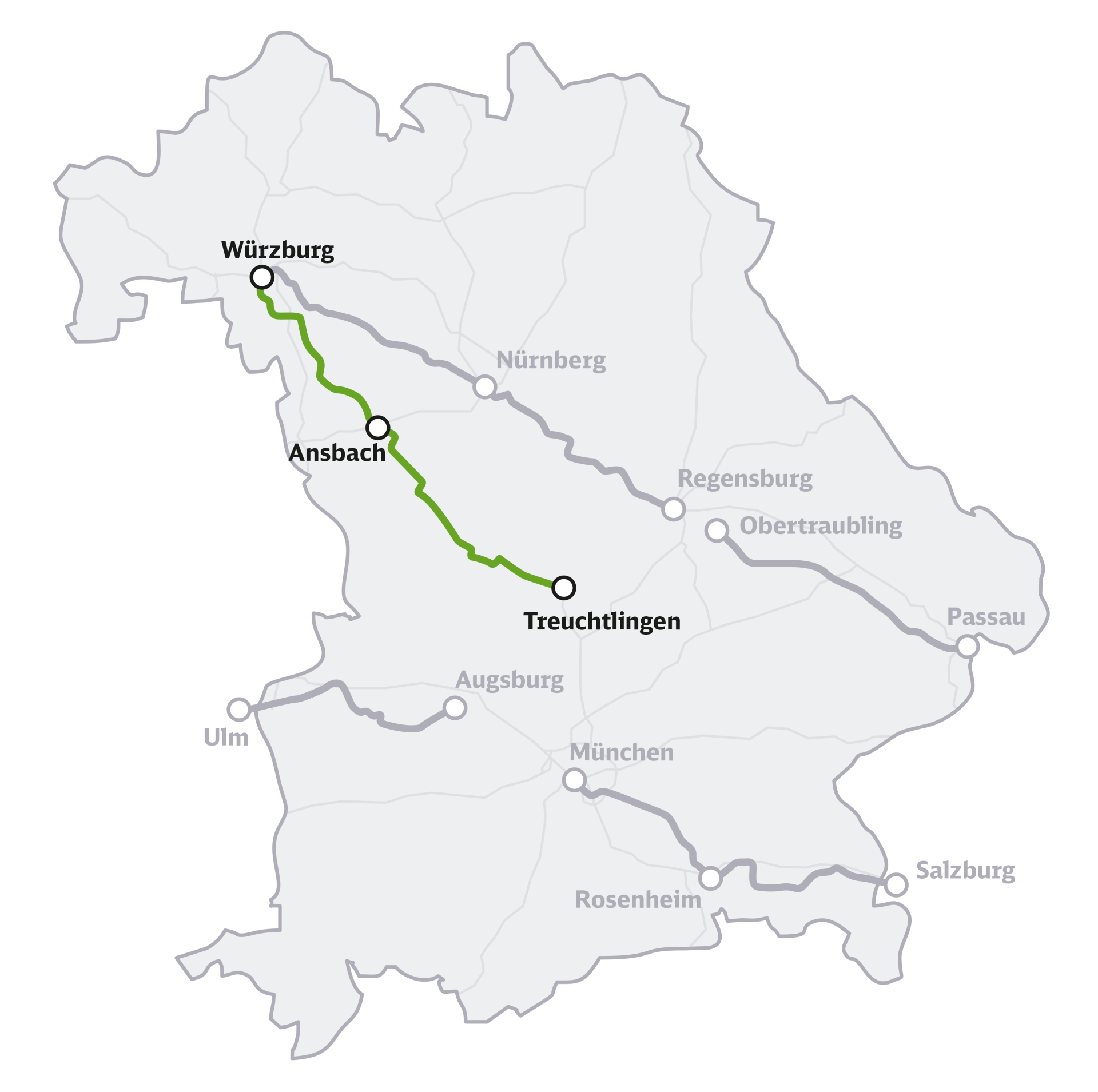 Die Übersichtskarte zeigt das Bundesland Bayern mit den sieben eingezeichneten Korridoren der Generalsanierung Bayern, hervorgehoben ist die Strecke Würzburg–Ansbach–Treuchtlingen.