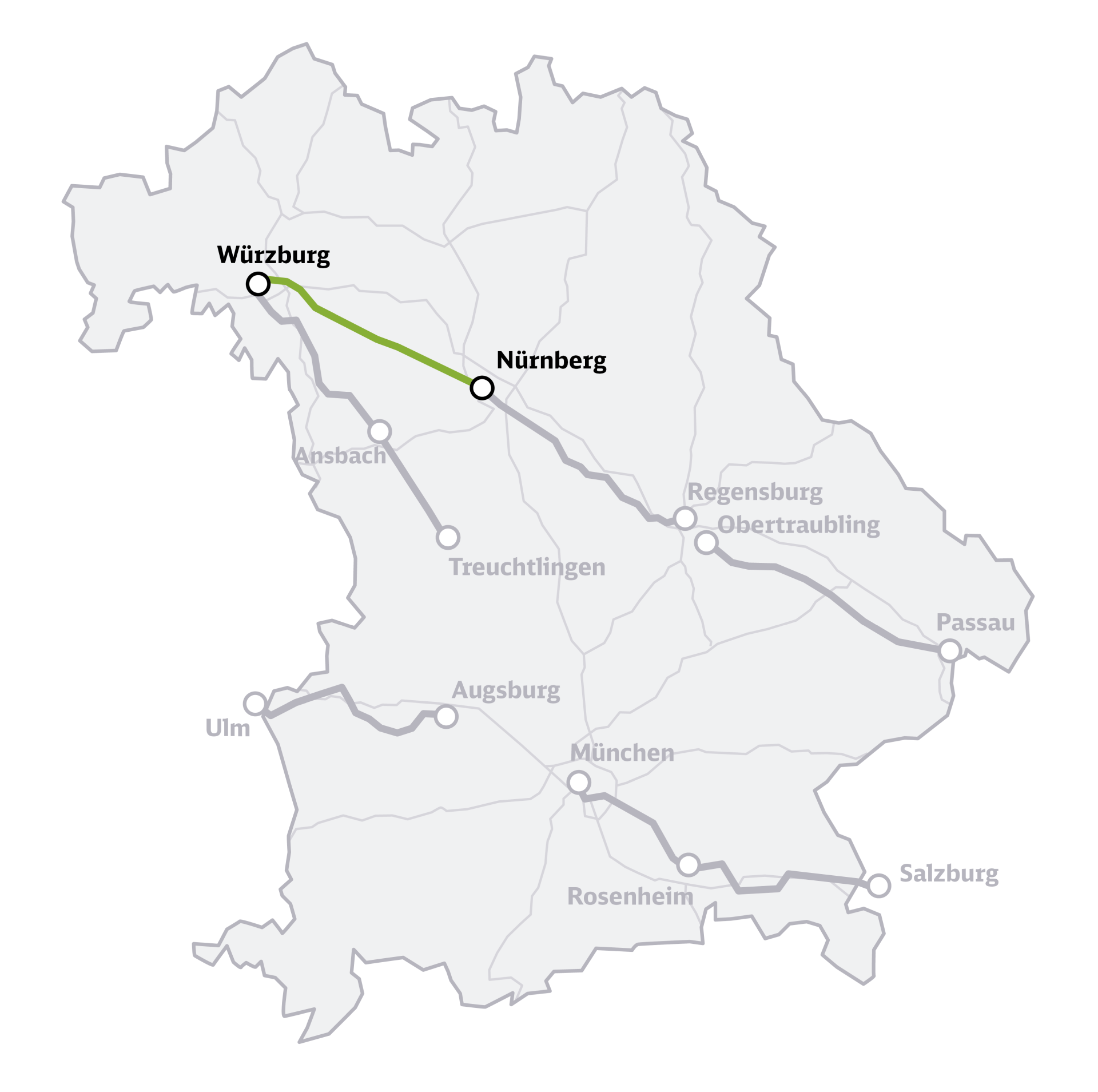 Die Übersichtskarte zeigt das Bundesland Bayern mit den sieben eingezeichneten Korridoren der Generalsanierung Bayern, hervorgehoben ist die Strecke Würzburg–Nürnberg.