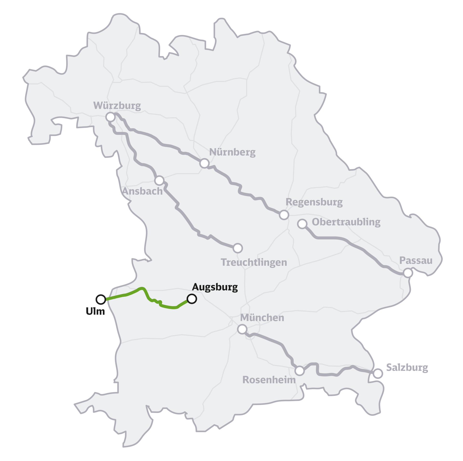 Die Übersichtskarte zeigt das Bundesland Bayern mit den sieben eingezeichneten Korridoren der Generalsanierung Bayern, hervorgehoben ist die Strecke Ulm–Augsburg.