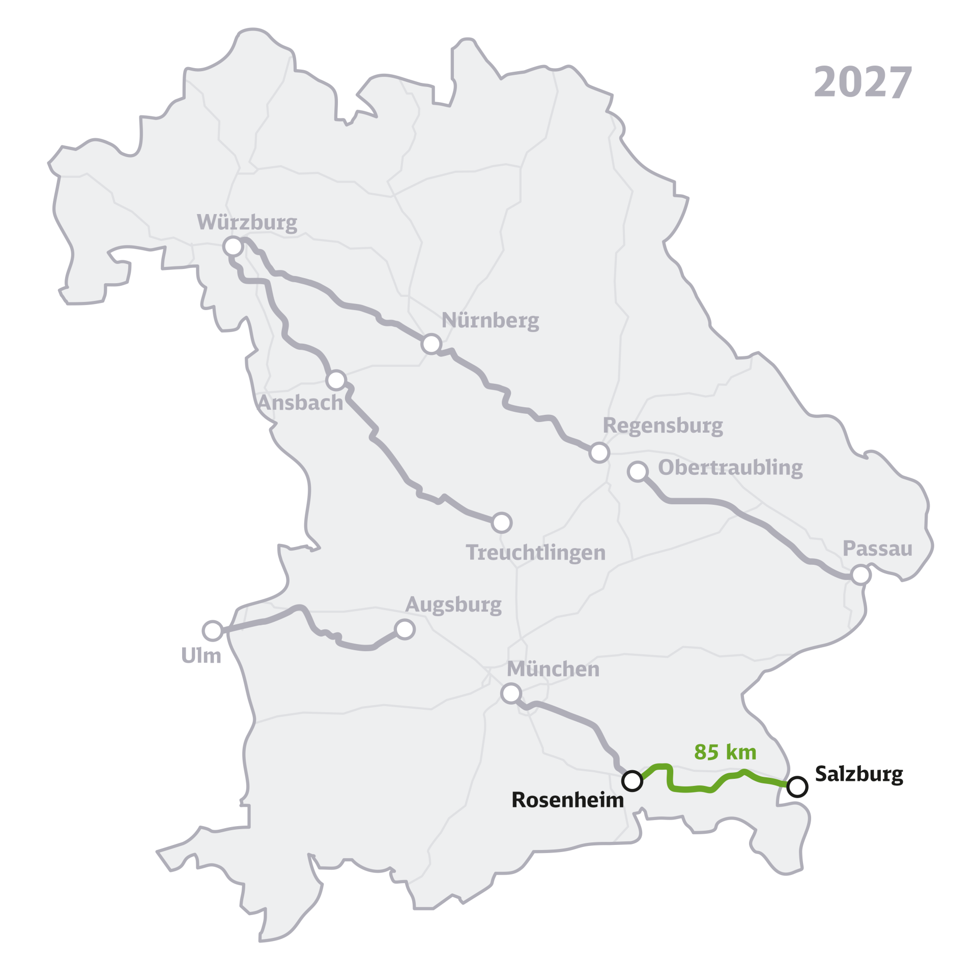 Die Übersichtskarte zeigt das Bundesland Bayern mit den sieben eingezeichneten Korridoren der Generalsanierung Bayern, hervorgehoben ist die Strecke Rosenheim–Salzburg.