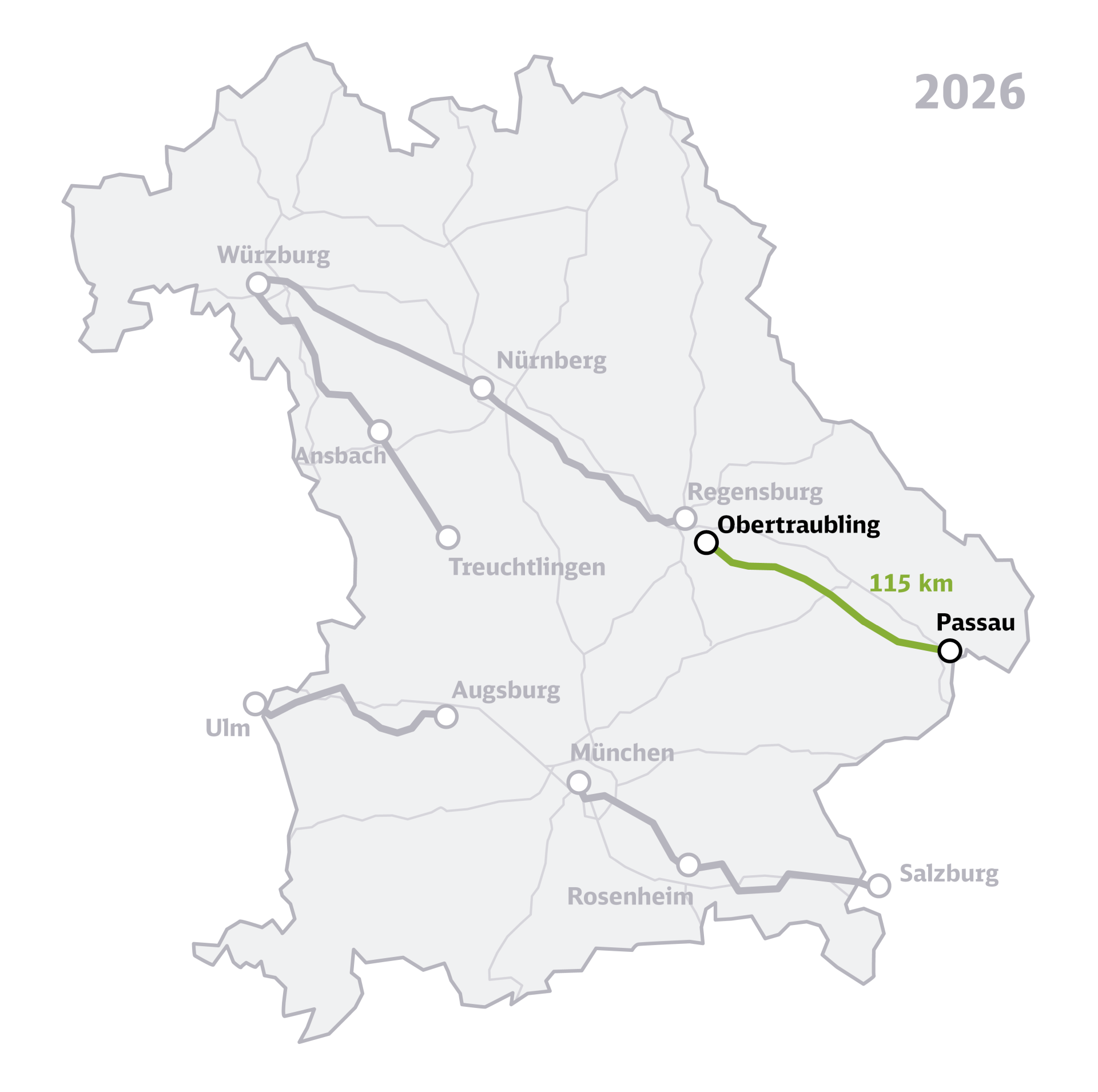 Die Übersichtskarte zeigt das Bundesland Bayern mit den sieben eingezeichneten Korridoren der Generalsanierung Bayern, hervorgehoben ist die Strecke Obertraubling–Passau.