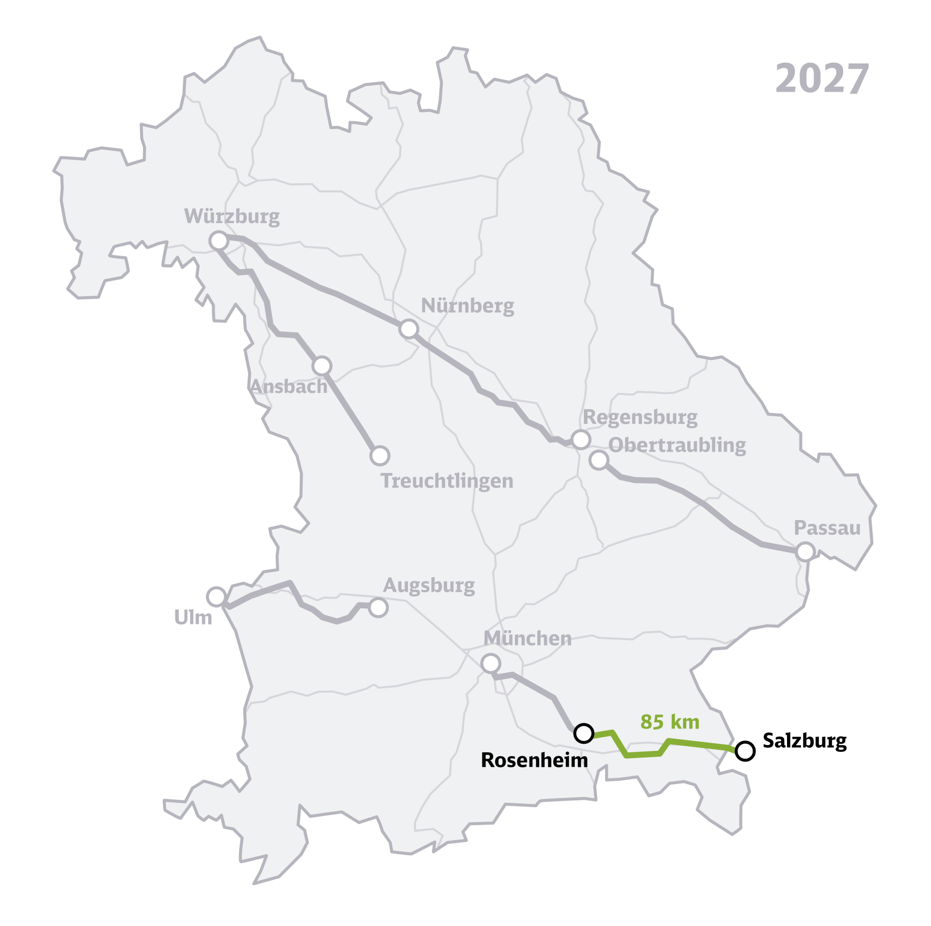 Die Übersichtskarte zeigt das Bundesland Bayern mit den sieben eingezeichneten Korridoren der Generalsanierung Bayern, hervorgehoben ist die Strecke Rosenheim–Salzburg.