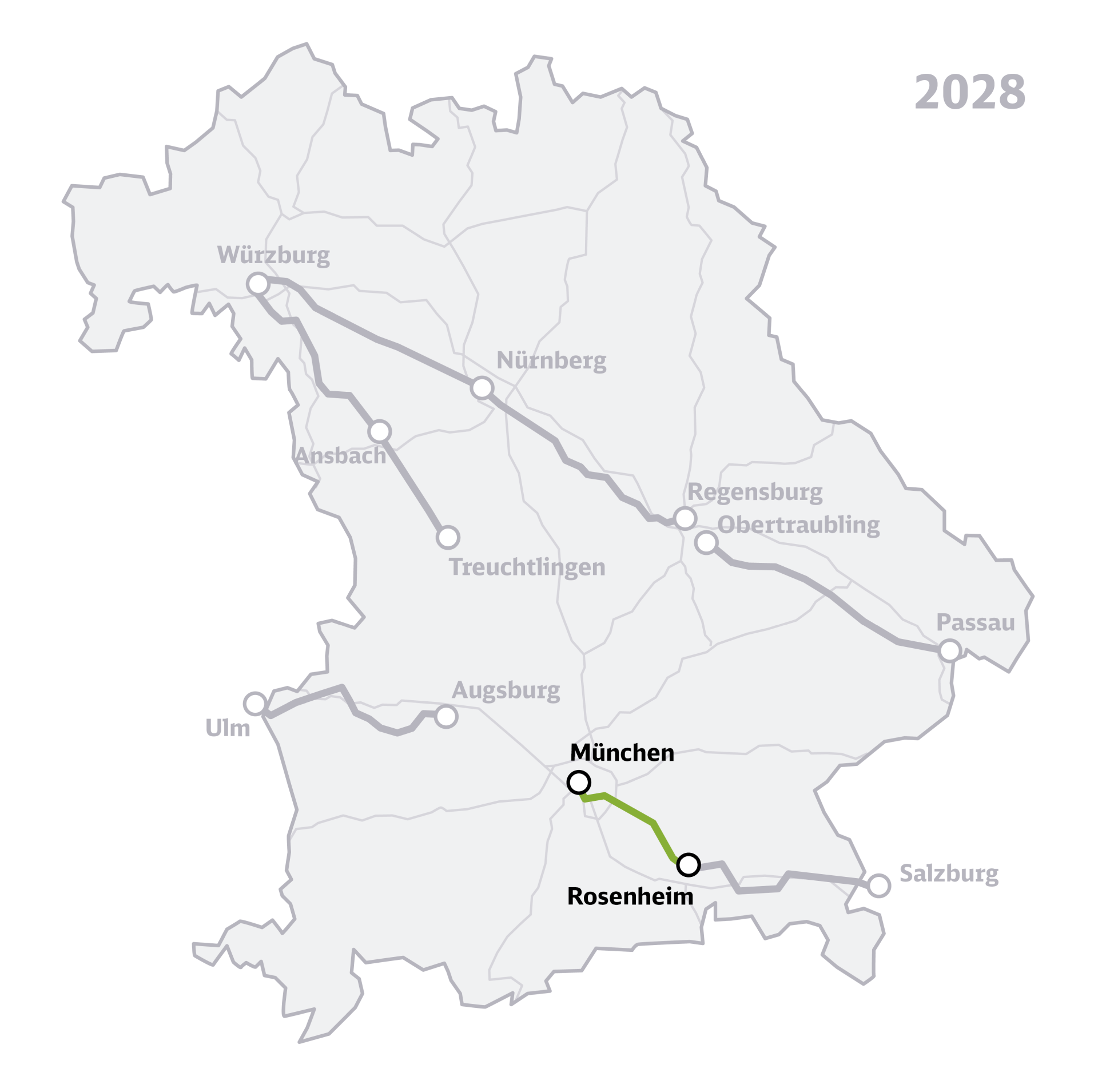 Die Übersichtskarte zeigt das Bundesland Bayern mit den sieben eingezeichneten Korridoren der Generalsanierung Bayern, hervorgehoben ist die Strecke München–Rosenheim.