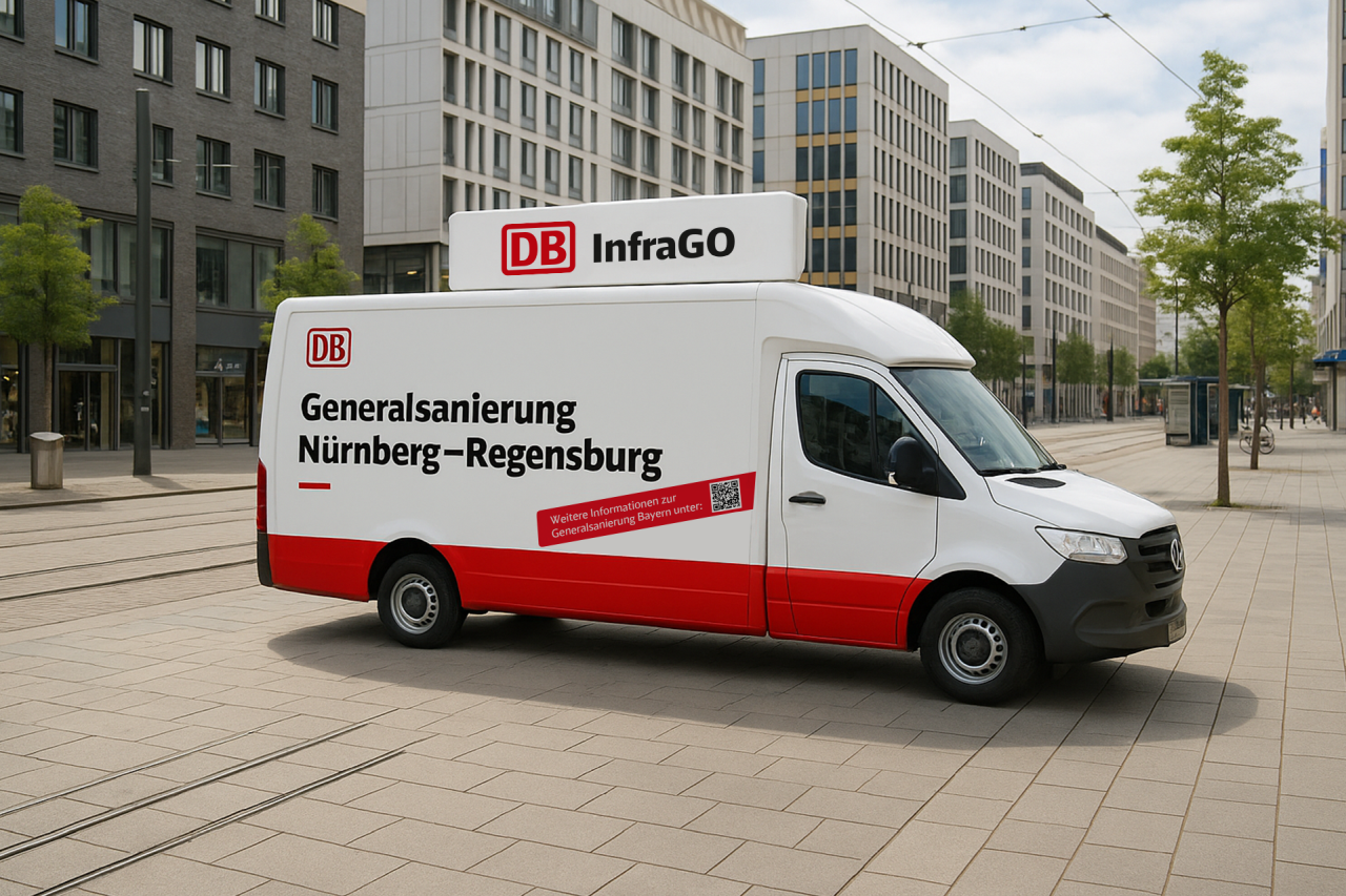Weiß-roter Transporter mit DB-Logo und Aufschrift "Generalsanierung Nürnberg–Regensburg"